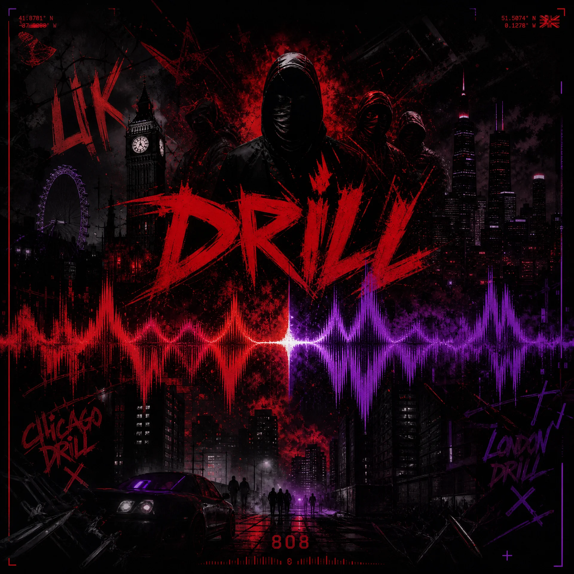 Drill音乐风格封面，暗黑都市夜景与滑音808
